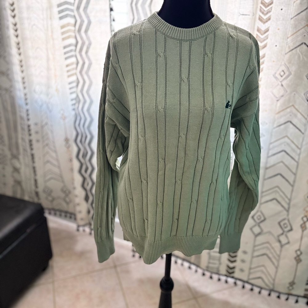 Sage Green Crew Neck Sweater with Textured Ribbed Design